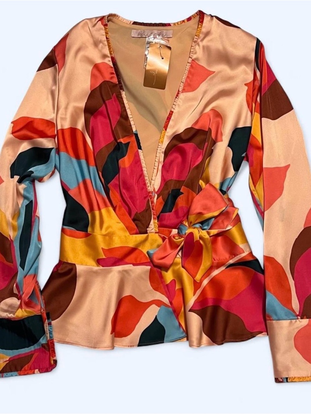 Hutch Multicolor Satin Wrap Blouse - Pink, Orange, Yellow, Blue, Brown